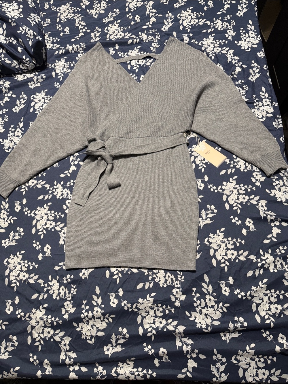 Grey Belted V-Neck Women's Sweater Dress